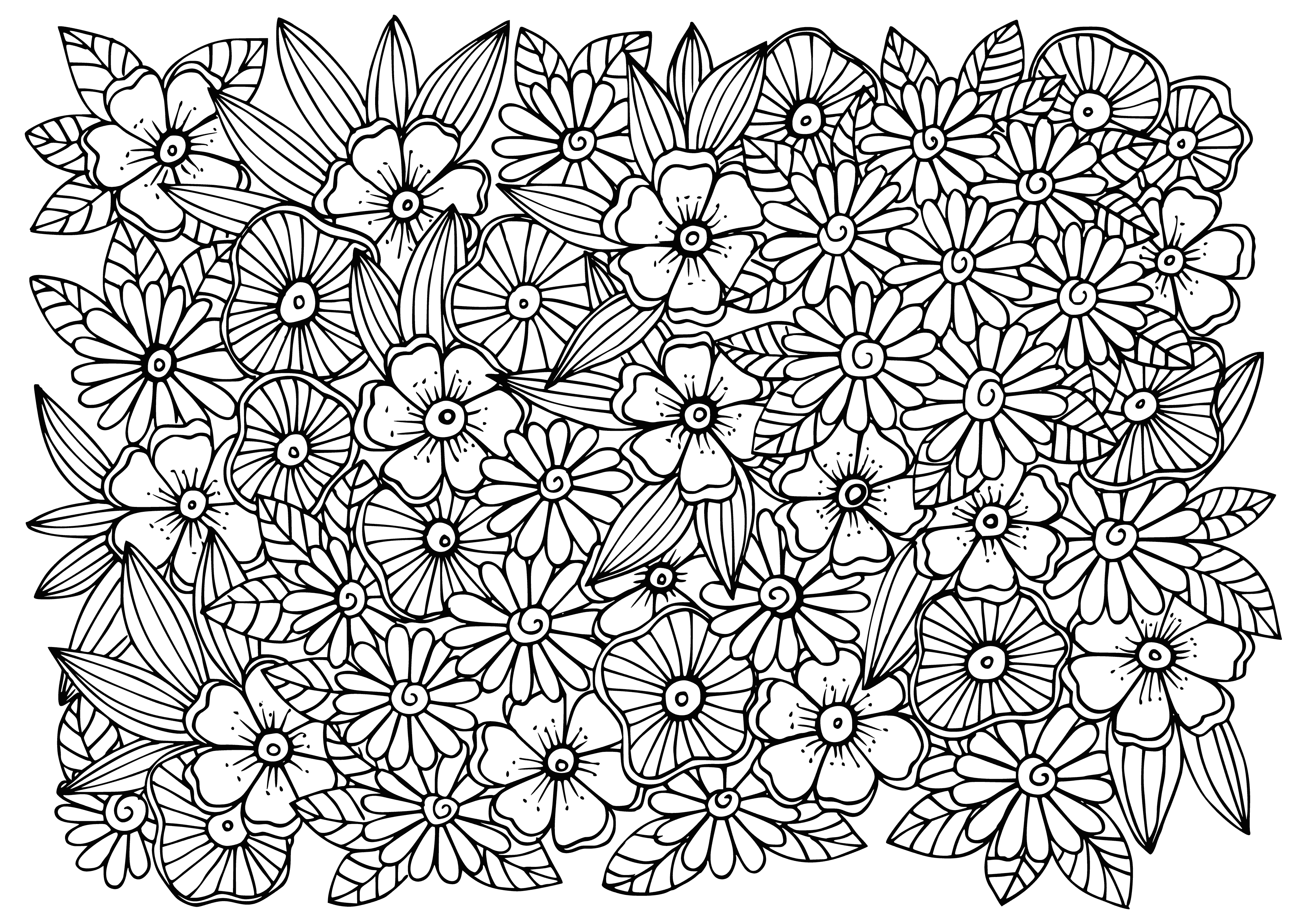 coloring page: Detailed flowers & leaves fill this coloring page, creating an intricate & eye-catching scene.