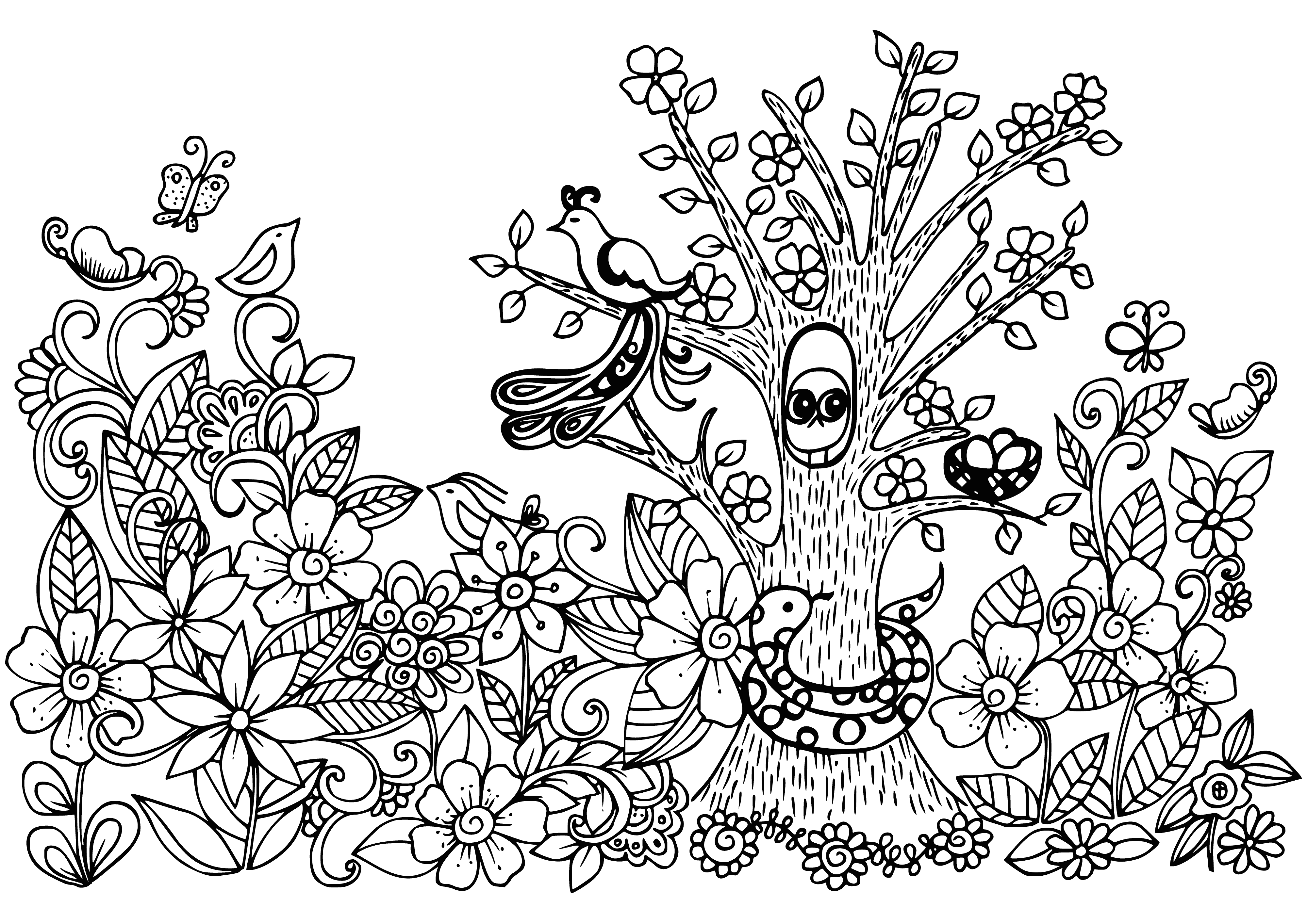 coloring page: Path through the woods lined with colorful flowers, sun shining down through the trees.