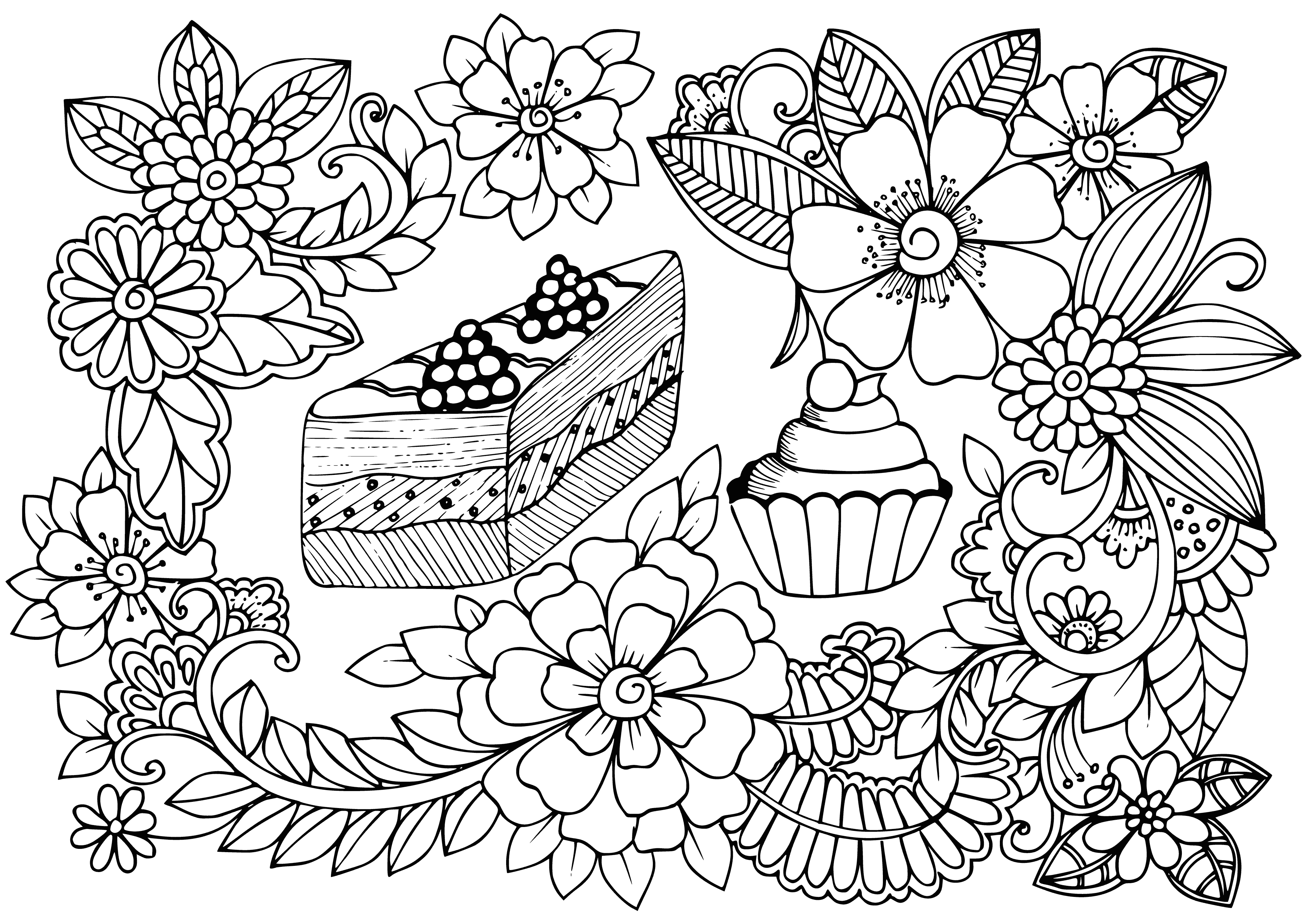 flores y postre página para colorear