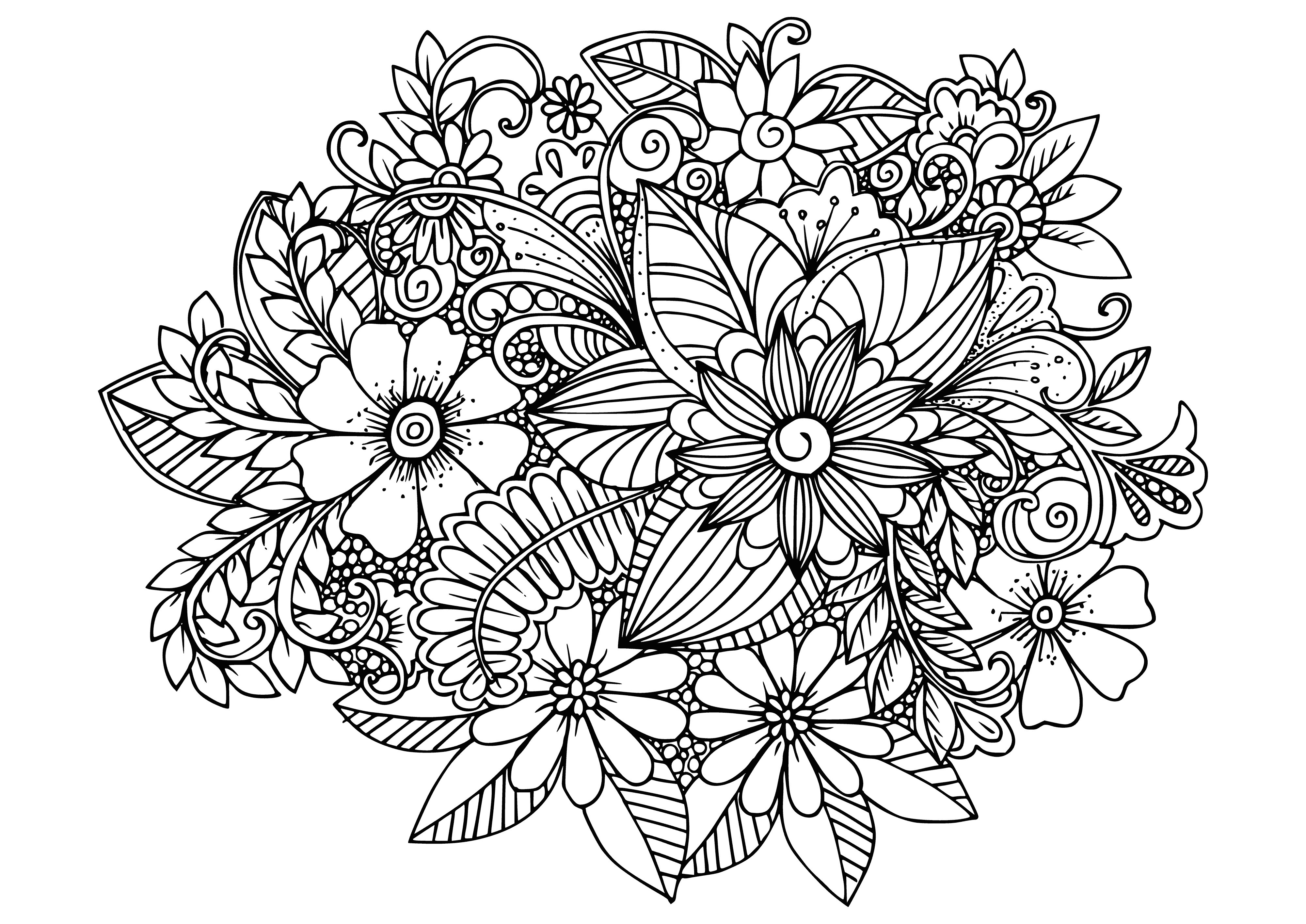 coloring page: 140 ch: Coloring page w/ many different flowers, leaves, vines of varying colors & sizes.
