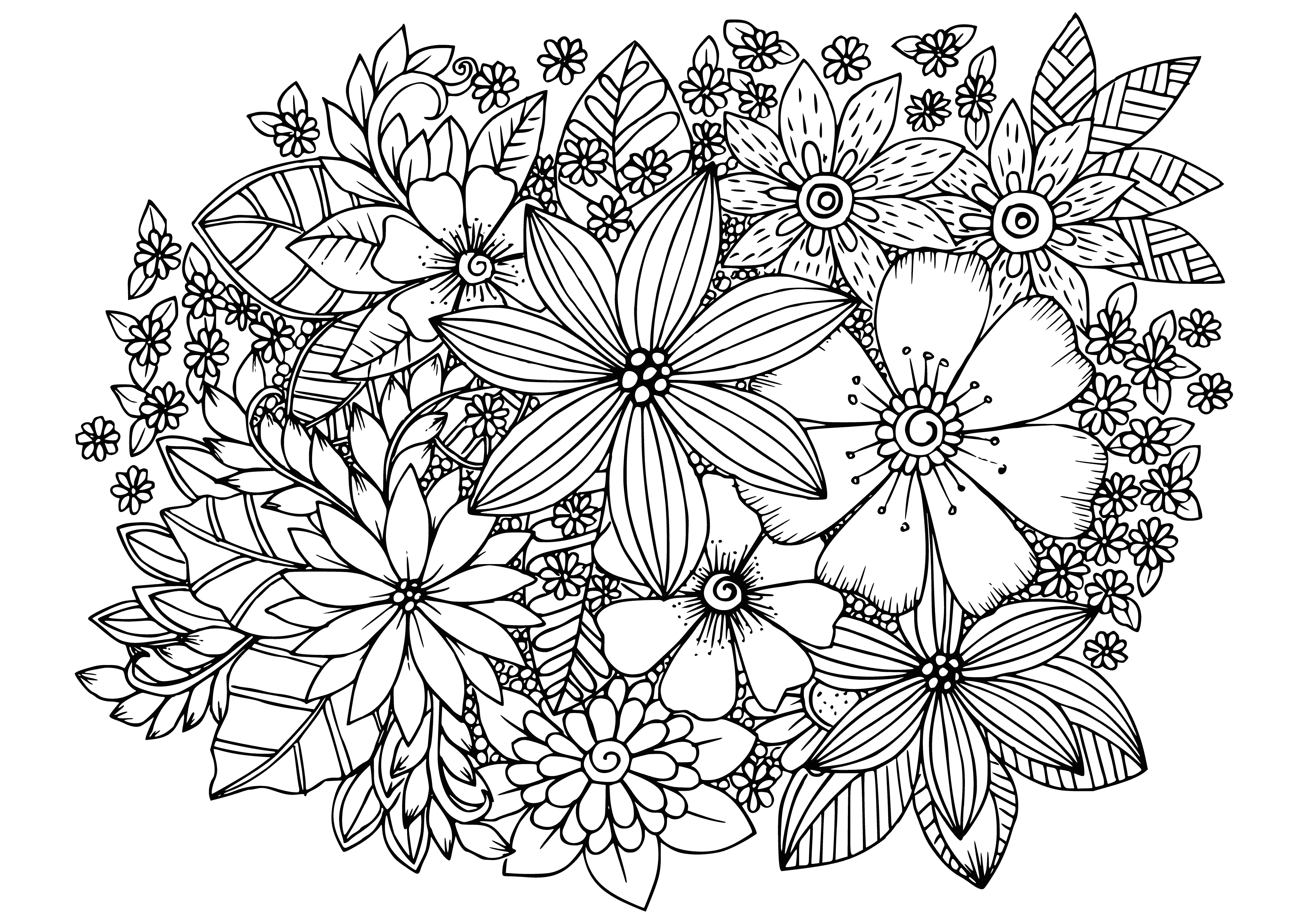 coloring page: Flowers in different colors and sizes with curled or straight petals and green leaves to color. #ColoringPage