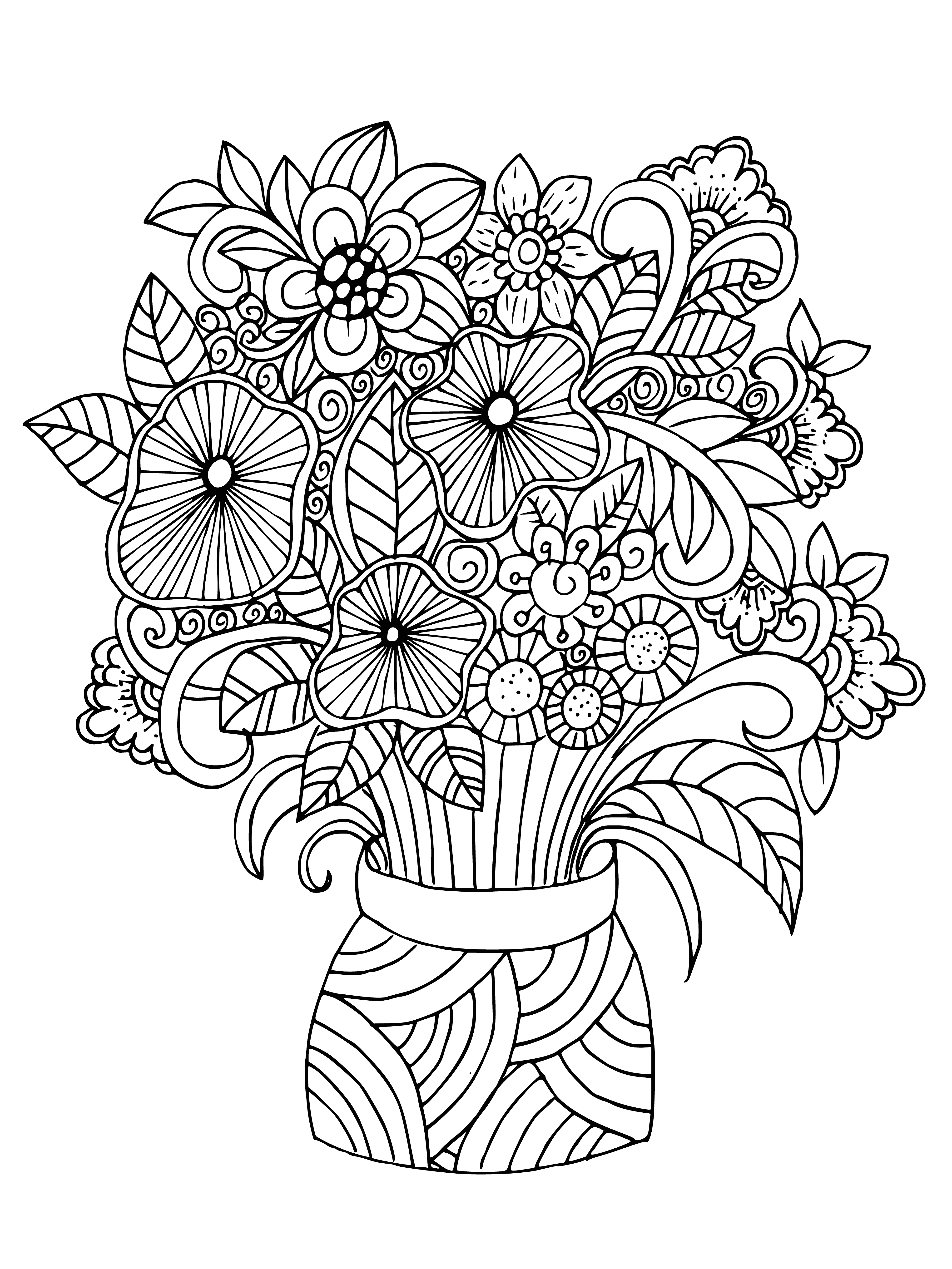 coloring page: Pretty flowers in a vase on a table, different sizes & types of blooms, calming illustration to color.