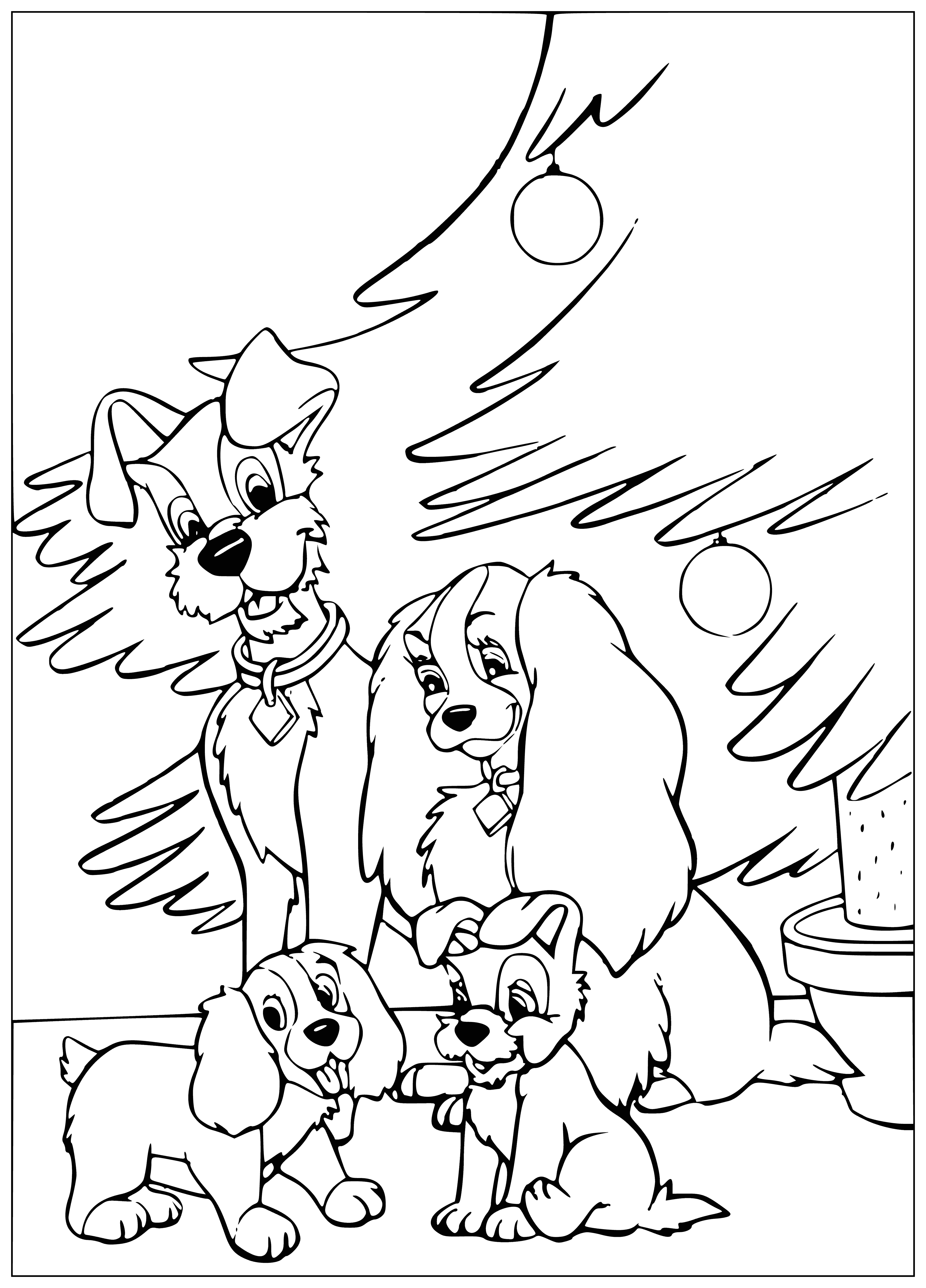 coloring page: Puppies play, wrestle & bite tails; their mother watches over them - two brown & one black.