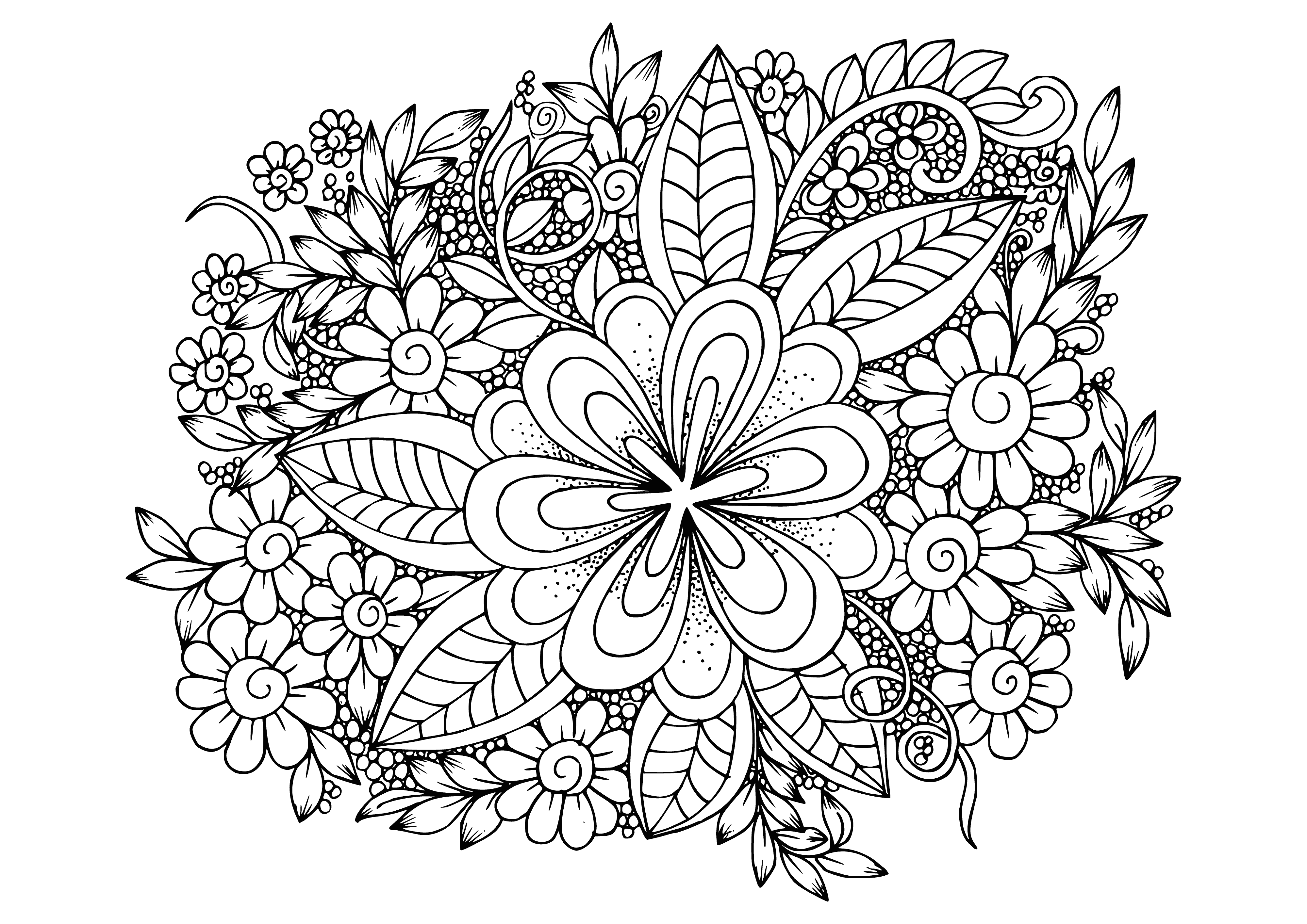 coloring page: Brightly colored flowers: yellow center, red/orange/yellow pedals, green leaves. #flowers #nature