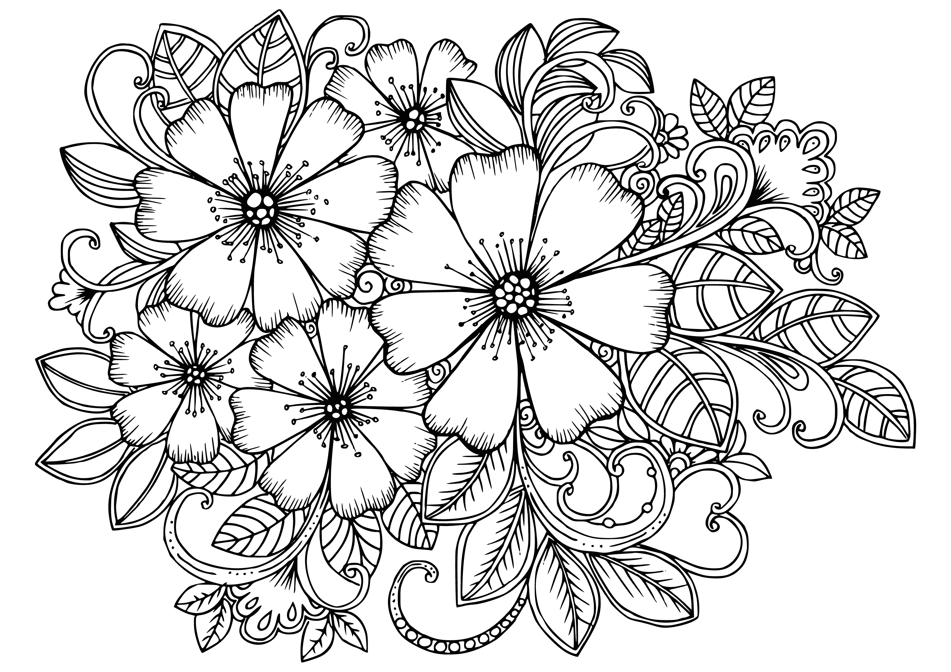coloring page: Flowers of various colors and types, some falling off and some full bloom, with leaves and vines too. #adultcoloring
