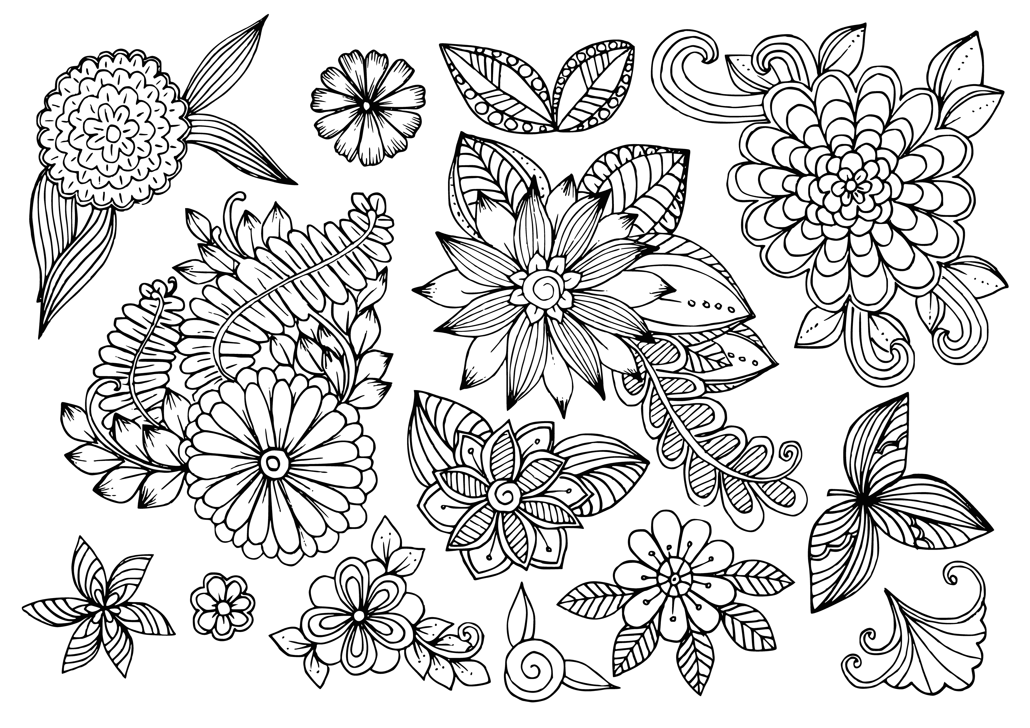 coloring page: A beautiful coloring page w/ a center yellow flower surrounded by smaller blooms in pink, purple, blue & green leaves.