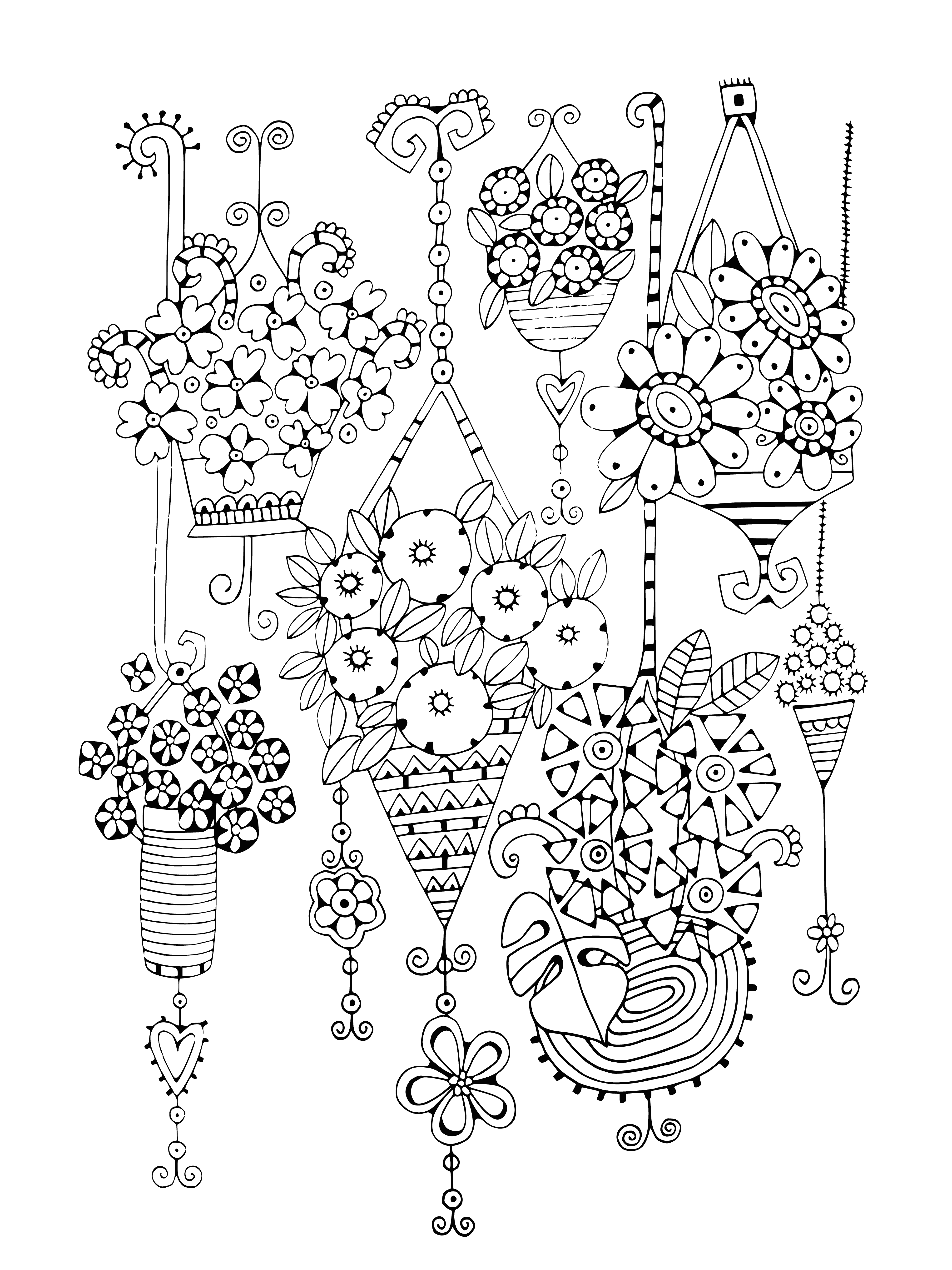 coloring page: 140 chars: Coloring page of flowers in pots and vases, some in bloom and some in bud. Leaves and stems winding around.