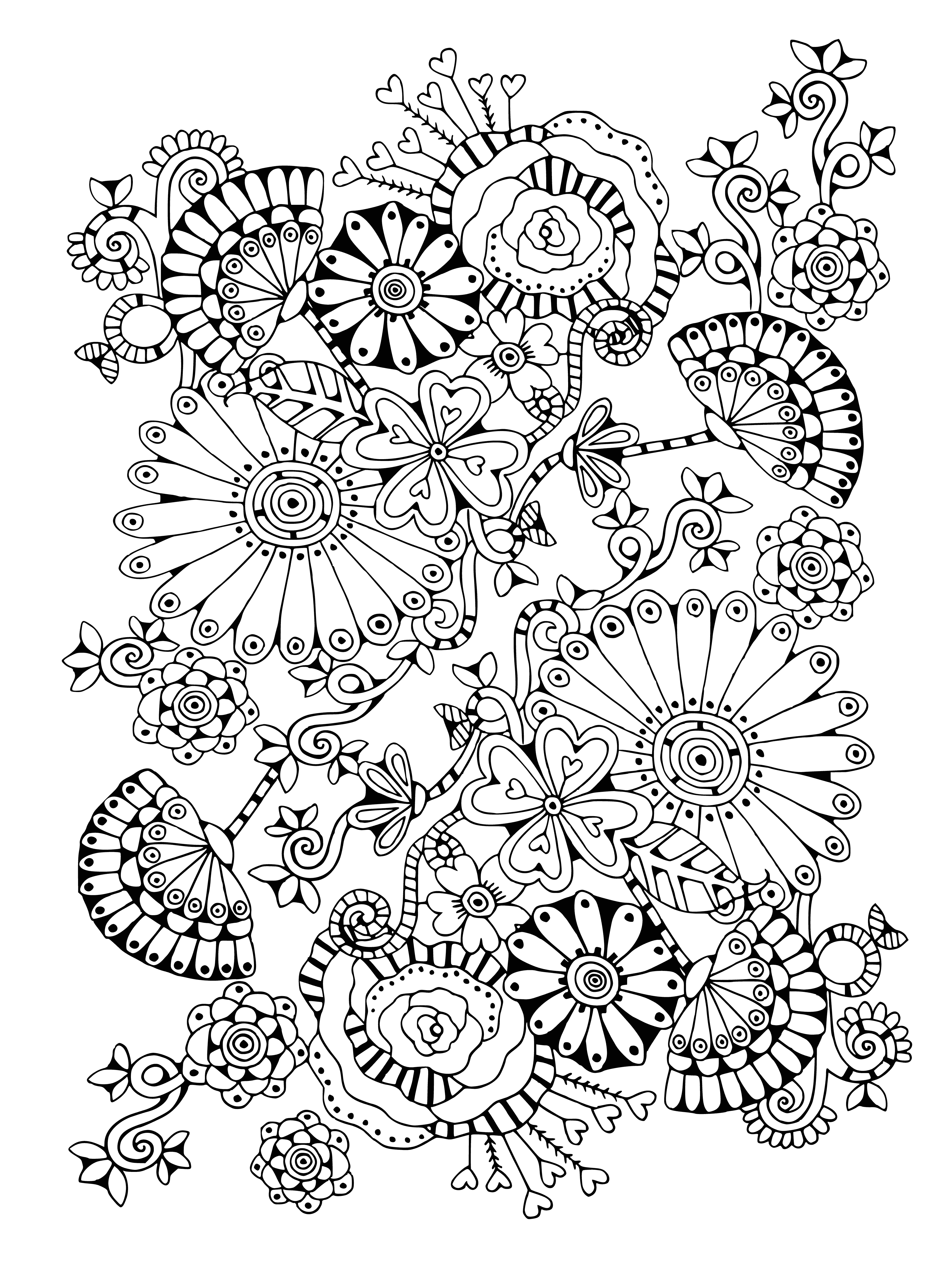 coloring page: A coloring page with lots of flowers, leaves and colors! It has small delicate flowers mixed with large showy ones. A nice challenge with lots of detail to keep you occupied. #coloring #flowers #colorful