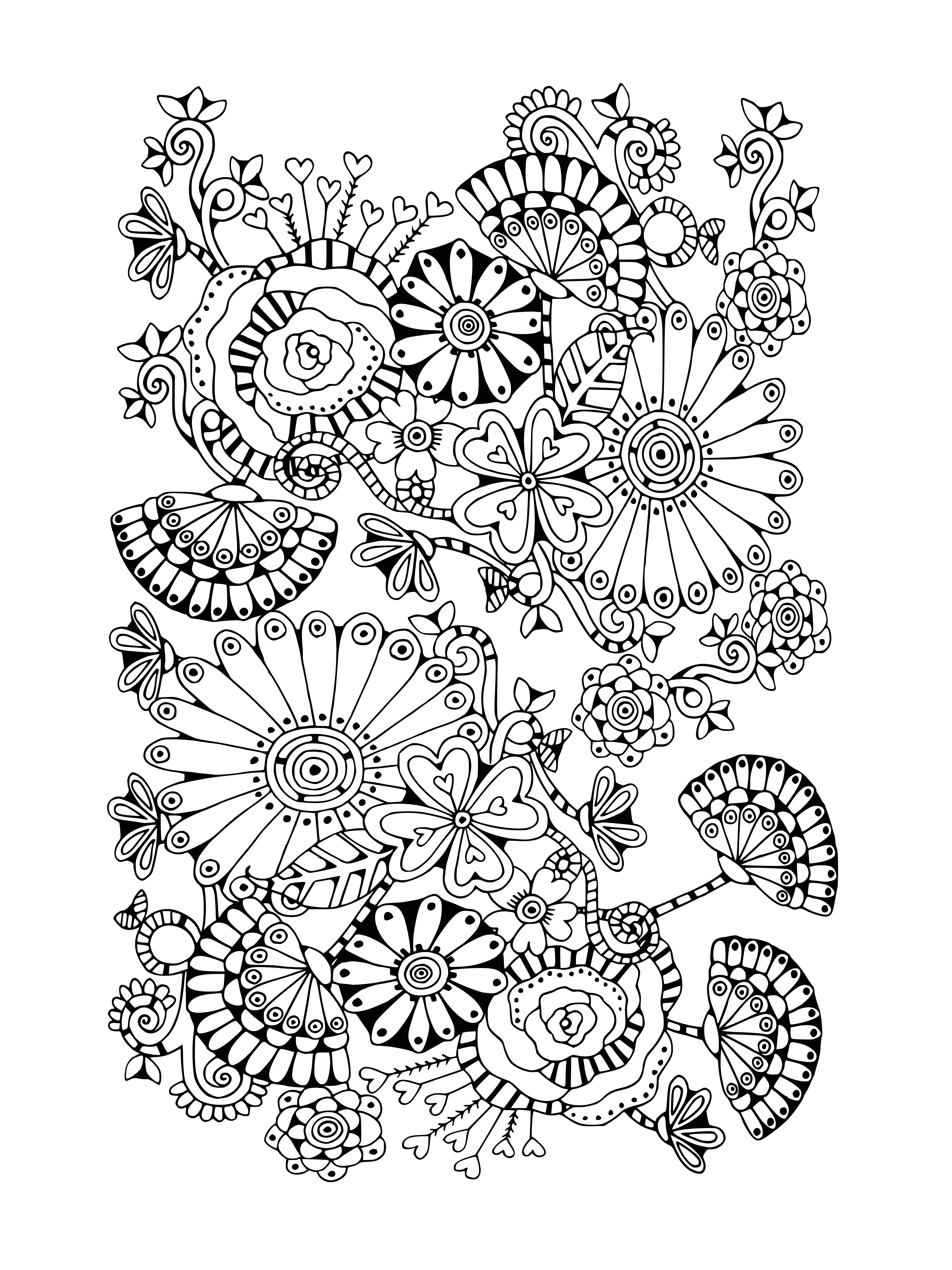 coloring page: A variety of flowers, from bouquets to vases, on a coloring page of light gray swirls against a mostly white background.