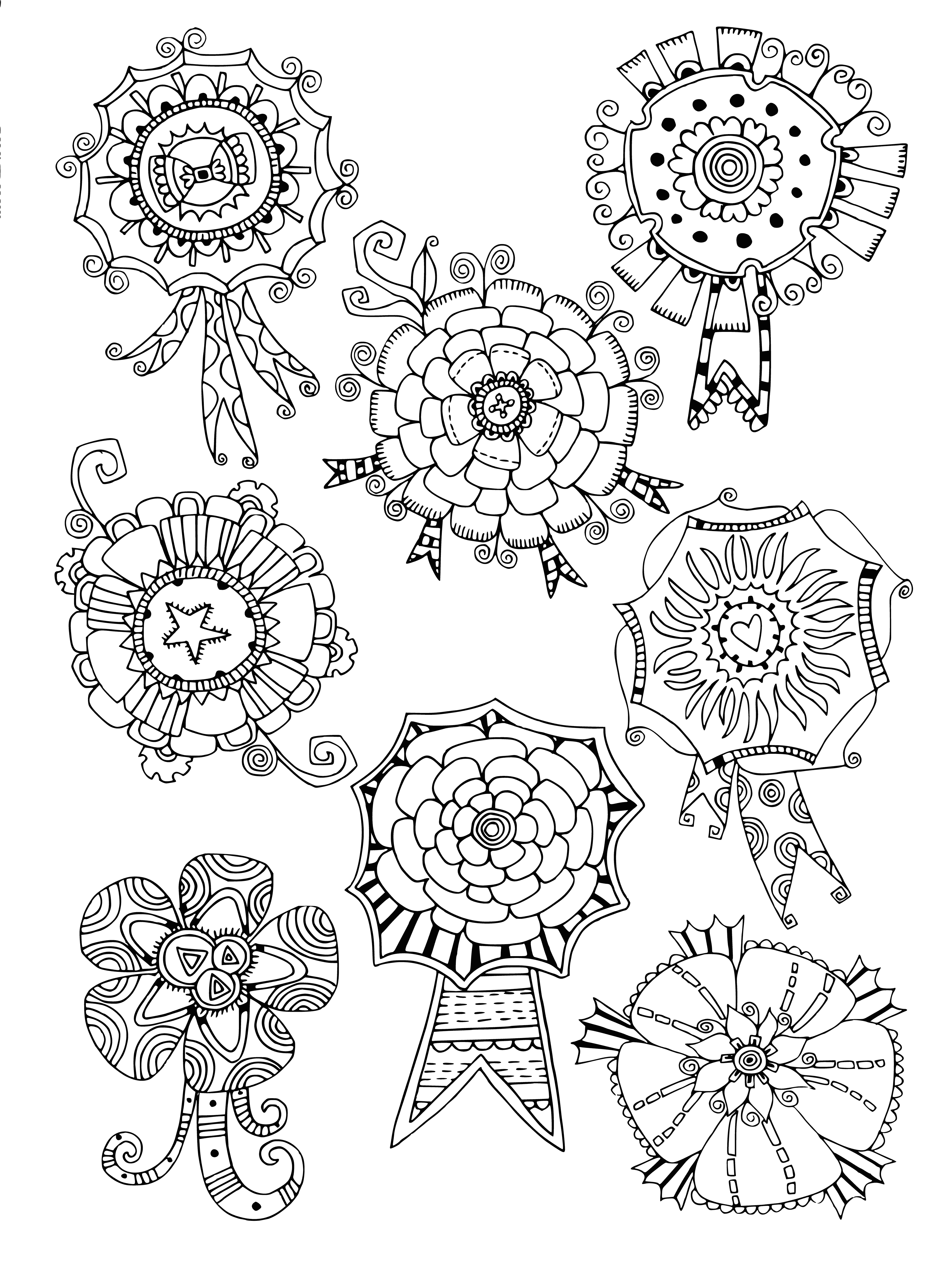 coloring page: Kids' coloring page of various flowers in red, pink, yellow & white on a green background.