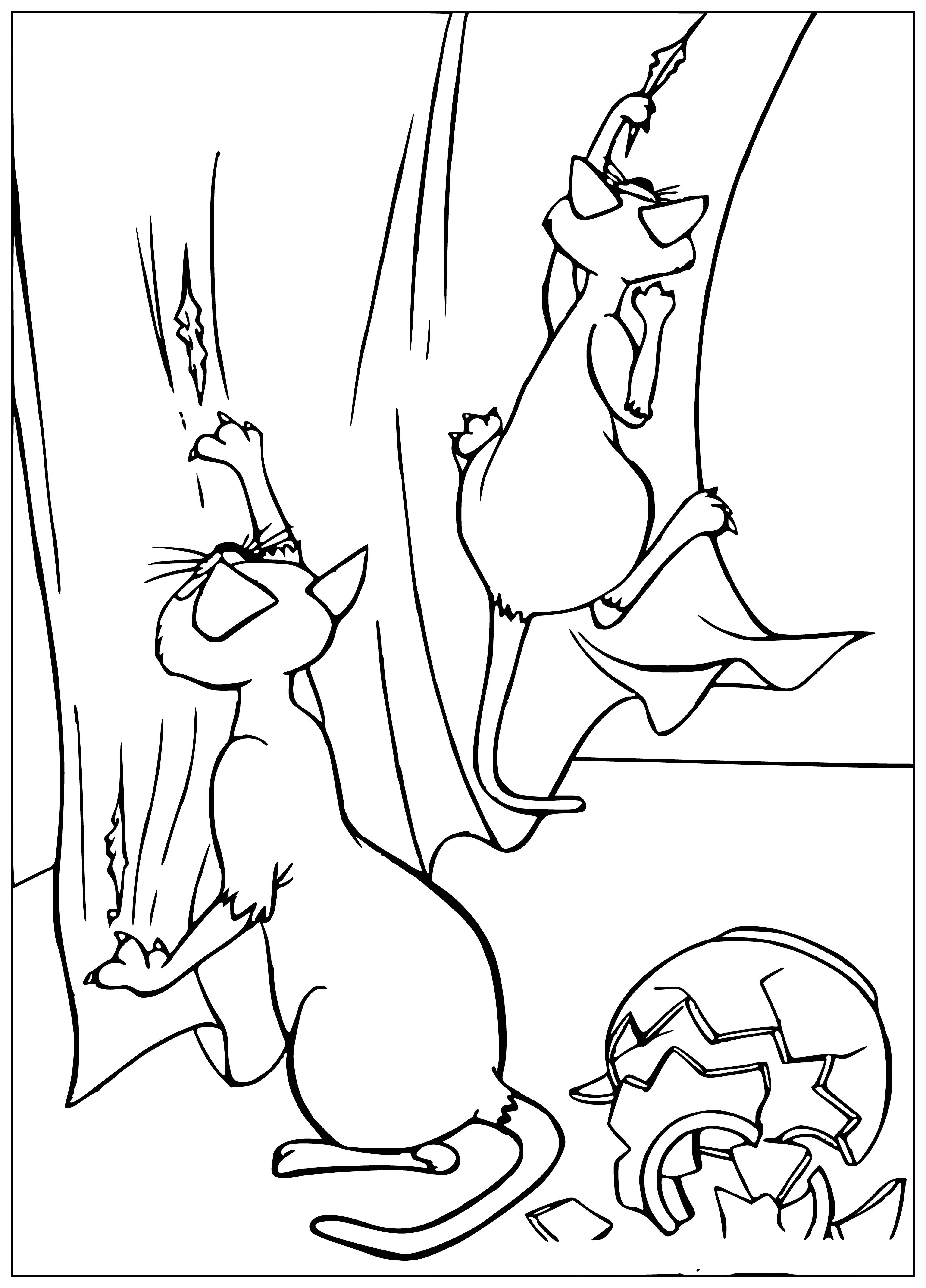 coloring page: Two cats, The Lady & The Tramp, on a roof looking at each other. She has a green collar, he has a red one. #CatsOnARoof