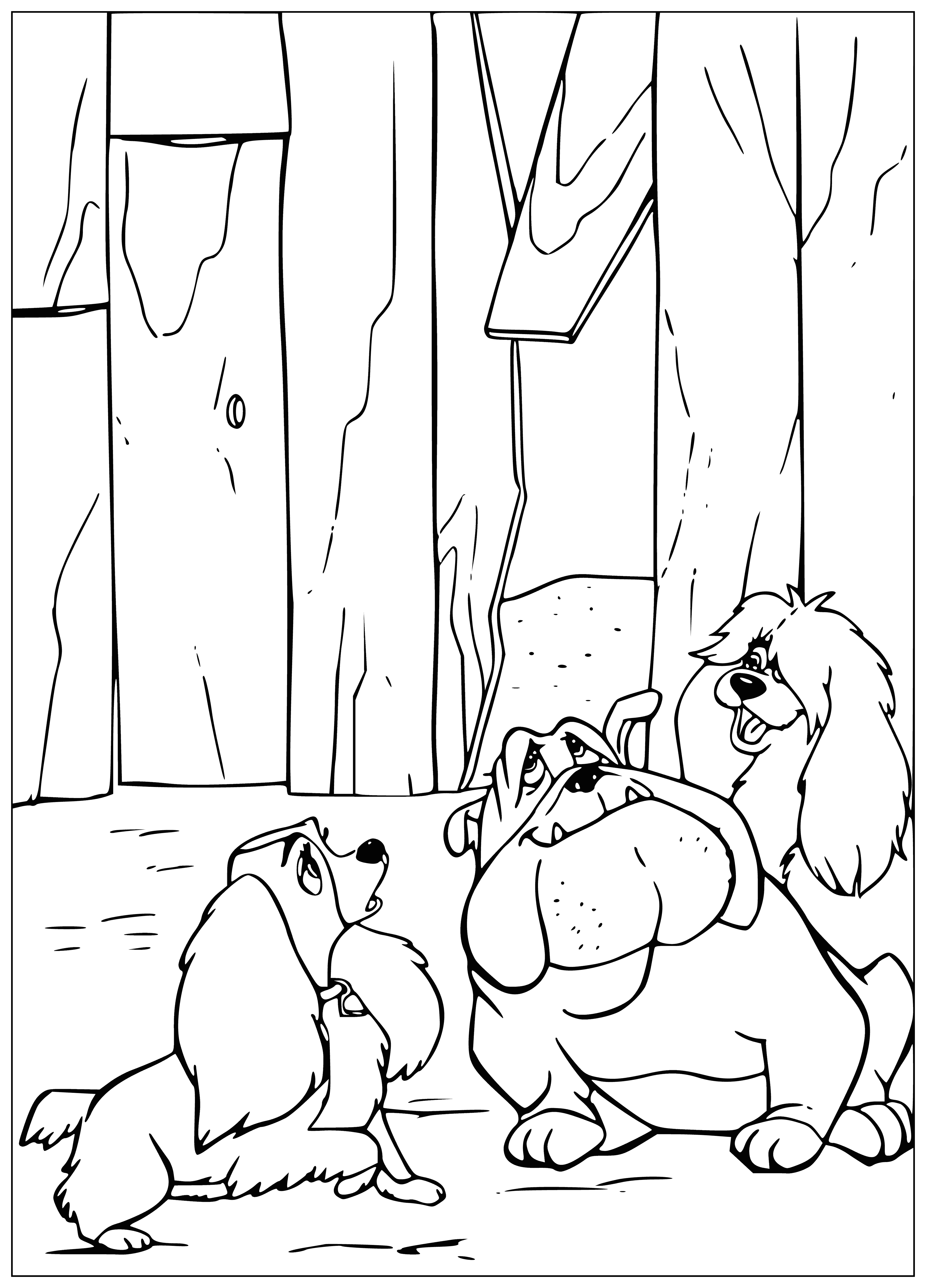 coloring page: Two stray dogs, the Lady white with black spots and the Tramp brown, gaze at each other with interest on a coloring page.