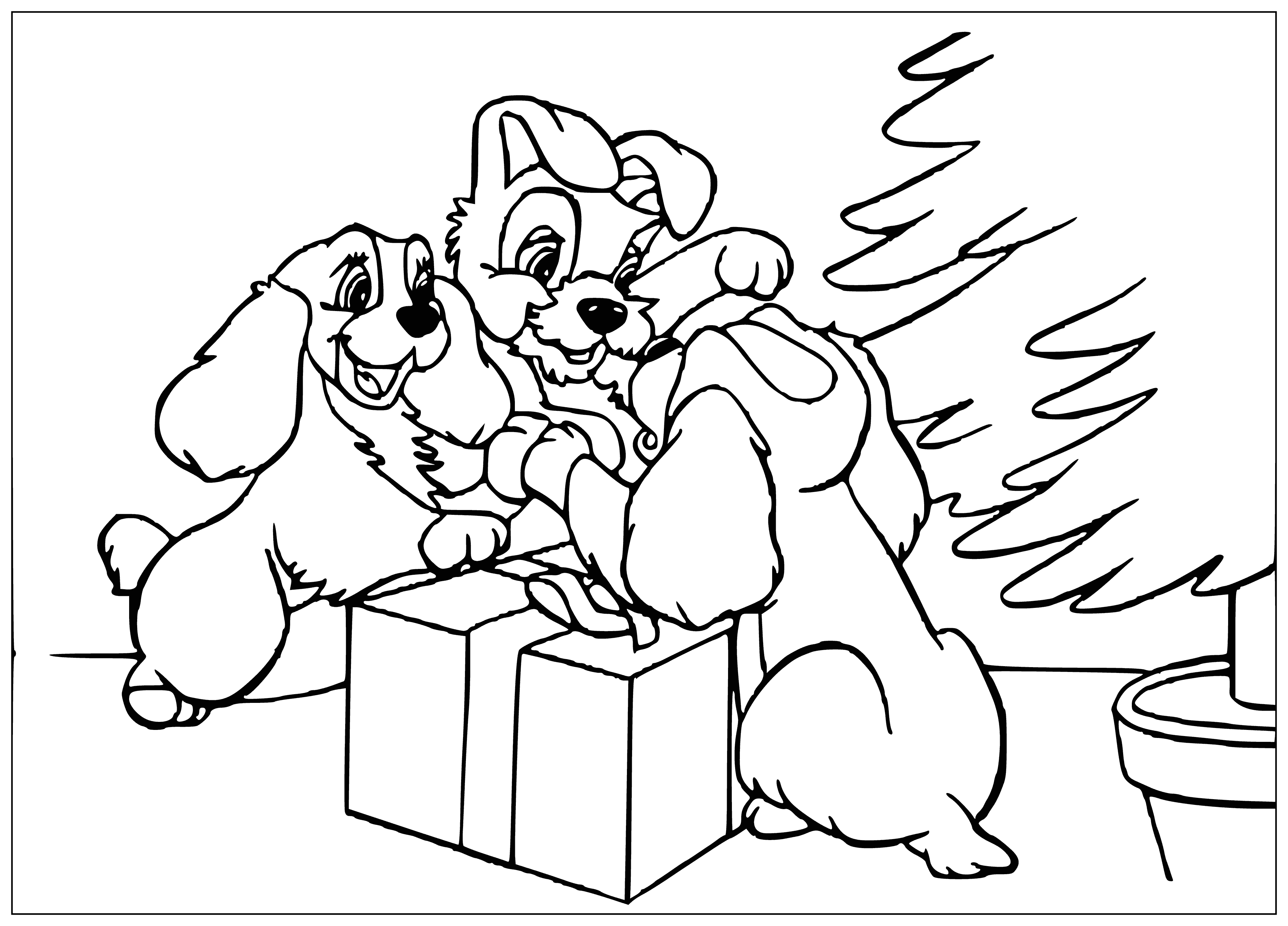 coloring page: A gift for the Lady sits under the tree with a big red bow - a perfect surprise.
