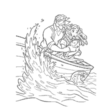 coloring page: Tarzan, Jane and their child in a boat during a shipwreck
