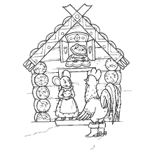 coloring page: Illustration from the fairy tale "Teremok" where a mouse and a cockerel talk at a teremok