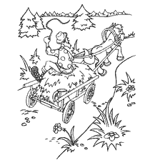 coloring page: Russian folk tales, where a man rides with a horse and a cart in the woods.