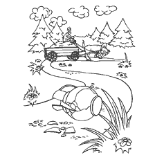 coloring page: A scene from a Russian folk tale where a man rides a wagon and drops a jug.