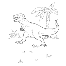 kolorowanka: Dinozaur Tyrannosaurus na tle tropikalnej przyrody