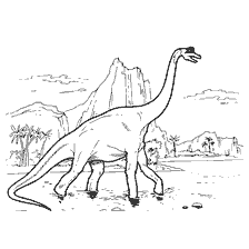 kolorowanka: Kolorowanie dinozaura Brachiosaurus na tle gór i palm