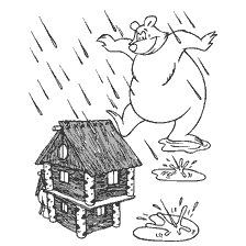 coloring page: Bear in the rain by the bar