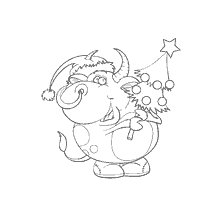 Engraçado. Touro de ano com uma árvore de Natal