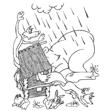 coloring page: The bear climbs into the barn in the rain, next to different animals