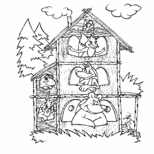 coloring page: Illustration to the Russian folk tale "New Teremok", depicting animals in a new barn.