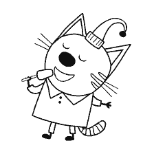 Gatto di Kompot, felice e gioioso, con un cucchiaio in mano e un berretto sulla testa