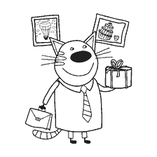 Gatto in cravatta con regalo e valigetta sullo sfondo dei dipinti