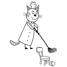 Il gatto nel vestito pulisce con un mop.
