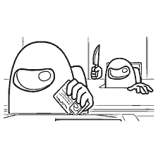 coloring page: A picture from the game Among As with a character holding a credit card and another with a knife.