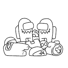 coloring page: Two characters from the game Among As among various items