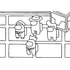 coloring page: Four characters Among As in various costumes and accessories