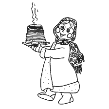 Fille avec des crêpes et du thé crème sur Maslenitsa