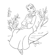 Coloring Belle of Beauty and the Beast sitting on a tree branch in the garden