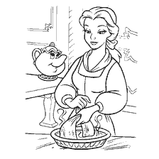 Belle with magic dishes on the coloring book