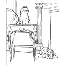 Kolorowanki Garfield i pies na tle wnętrza
