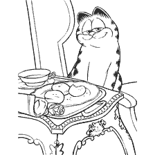 Garfield lubi królewskie śniadanie z jajami i filiżanką herbaty