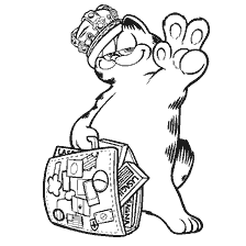 Kolorowanki Garfield, ubrany w koronę i walizkę