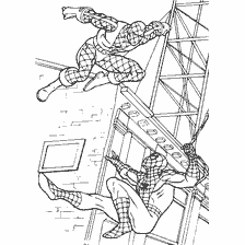 kolorowanka: Spider-Man walczy z wrogiem w tle miasta