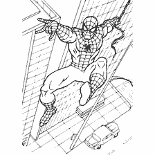kolorowanka: Spider-Man skacze między drapaczami chmur