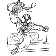 kolorowanka: Spider-Man skacze z sieci na zewnątrz budynku szkoły