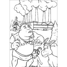 Colorare con Shrek, un gatto e un asino sullo sfondo della fabbrica