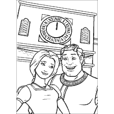 Colorare Shrek e Fiona sullo sfondo dell'orologio