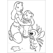 Lilo hugs Nani and Stitch looks scared and arrested