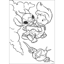 Stitch holds Lila in her arms amid clouds and a plane