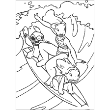 Lilo, Nani and Stitch surf on the wave