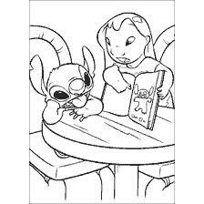 Lilo and Stitch at a table with a book and pencils