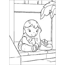 Coloring Lilo from Lilo and Stitch on the doorstep of the house