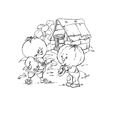 Malseite: Illustration von Signor Tomato und Kuma Kürbis aus den Abenteuern von Cipollino